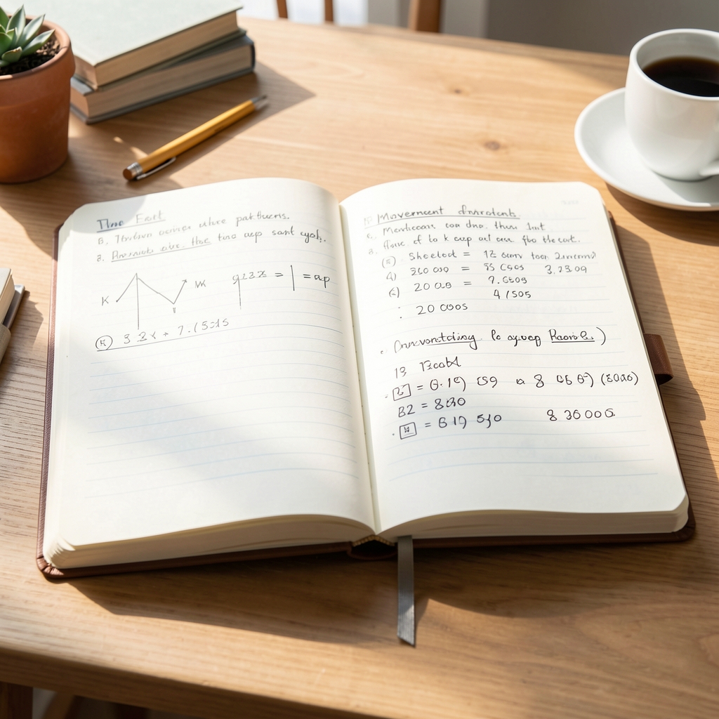 Stack of research journals and notebooks on a desk, morning light from a nearby window, editorial office setting